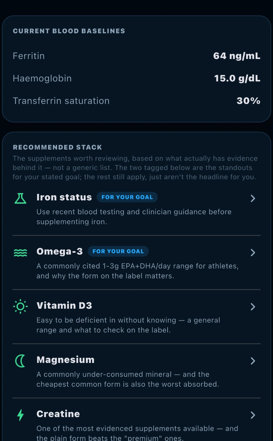 Blood baselines and nutrition recommendations in Oxygen Coach